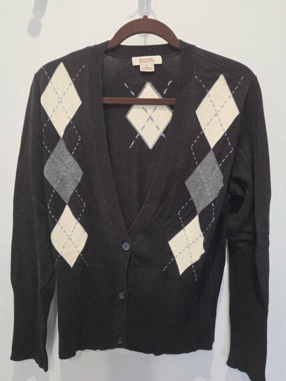 Michael Kors Women's Black,White & Grey Argyle V Neck Cotton Cardigan Sweater XL